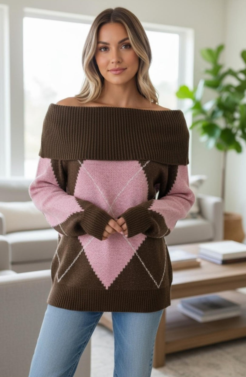 Offshoulder Pullover Alina braun/rosa