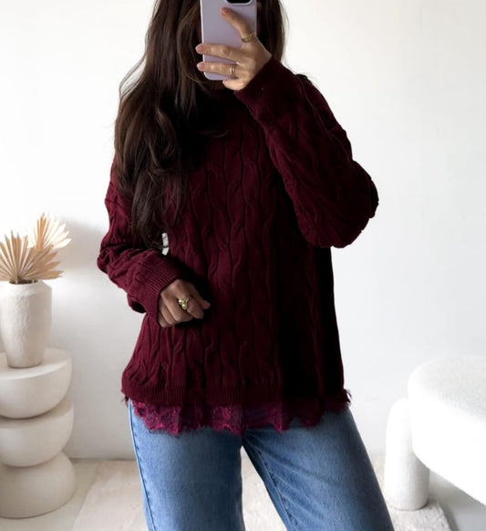 Pullover Zopfmuster +Spitze versch. Farben
