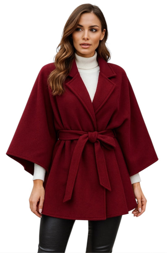 Poncho-Mantel mit Gürtel wine red