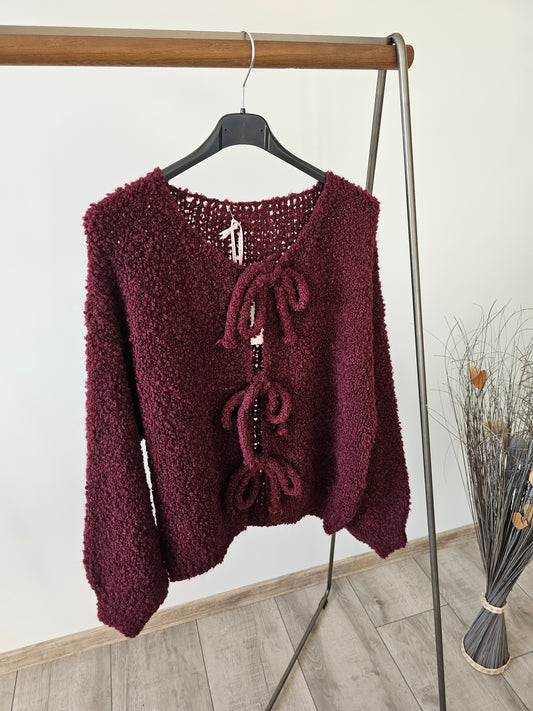 Schleifen Strickjacke Weinrot